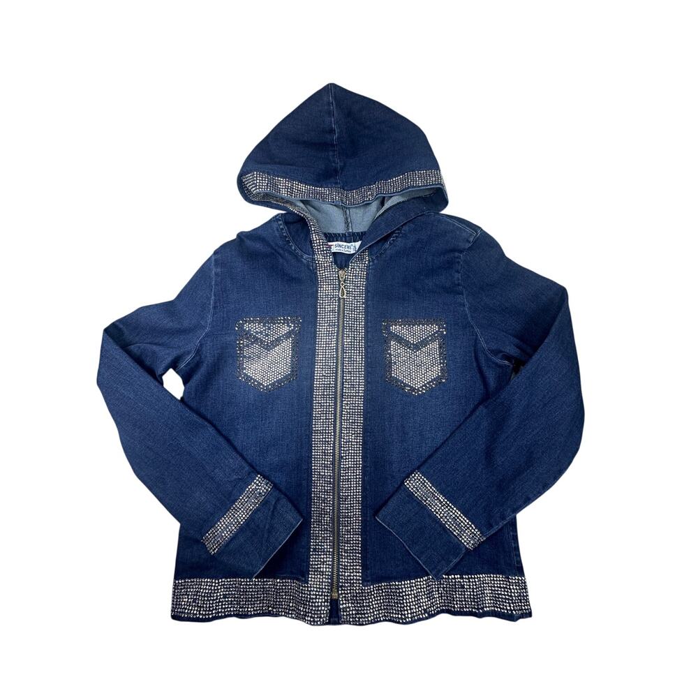 Sincere Denim Jacket Rhinestone Studded Zip Hoodie Plus 3XL Y2K